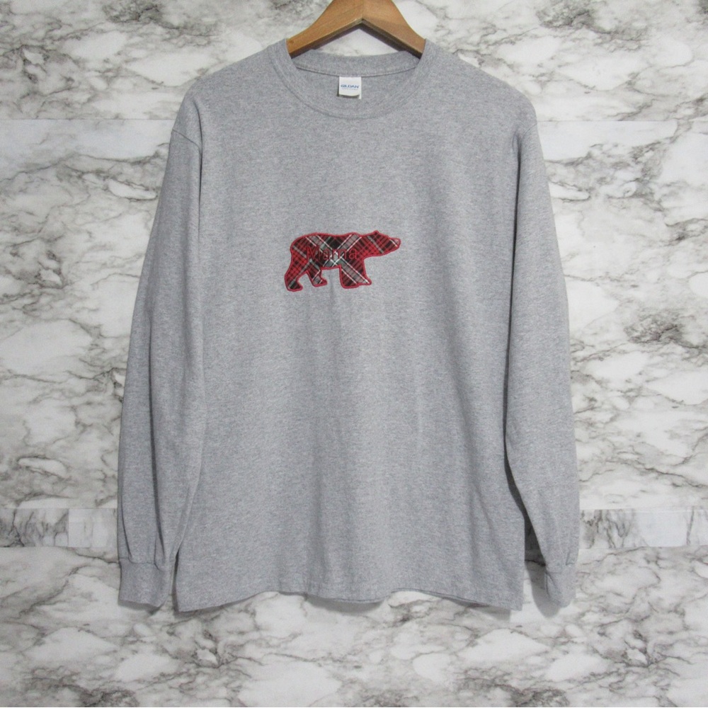 Mama Bear Gray and Red Plaid Long Sleeve Tee Shirt Size Medium